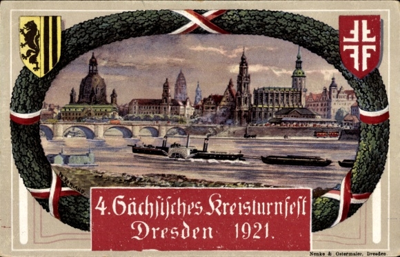 Passepartout coat of arms Postcard Dresden, 4th Saxon District Gymnastics Festival 1921, Friedrich August Brücke