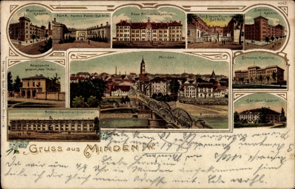 Litho Minden in Westfalen, Brücke, Bahnhofs-Kaserne, Artilleriekaserne, Garnison-Kaserne