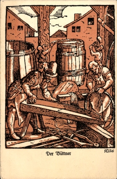 Artist Postcard The Büttner, Cooper's Workshop 16th Century, German Brewery Exhibition Munich 1926