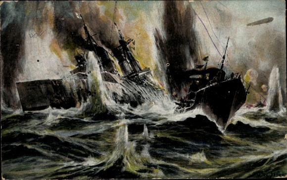 Artist Postcard Stöwer, Willy, German warships in the naval battle of Heligoland, Zeppelin, I. WK