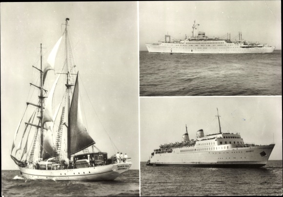 Postcard sailing training ship Wilhelm Pieck, FDGB holiday ship Friendship of Nations, ferry Sassnitz