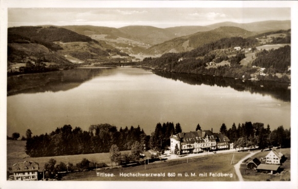 Postcard Baiersbronn in the Black Forest, Black Forest lake, landscape, mountains, hotel, calm water surface