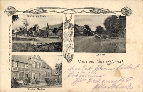 Postcard Garz Plattenburg in the Prignitz, village street with church, Muchow Inn, customs house, greetings from...