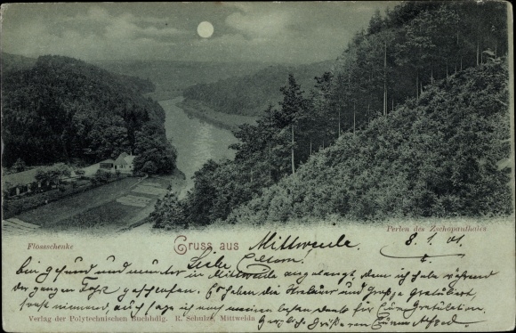 Mondschein Ak Zschopenthal Waldkirchen Grünhainichen im Erzgebirge Sachsen, Flossschenke