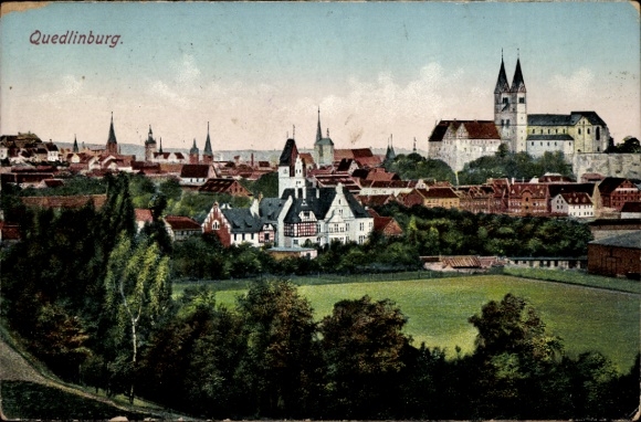 Postcard Quedlinburg in the Harz, partial view with church