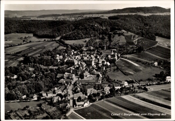 Postcard Castell Lower Franconia, aerial photograph, village Steigerwald, rural surroundings, airplane view