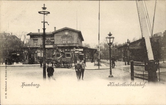 Ak Hamburg Hammerbrook, Klosterthorbahnhof, Bahnhof Klosterthor, Kutsche, Schranke