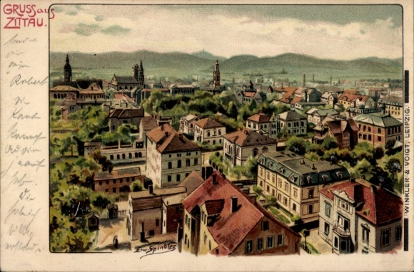 Artist Chromo-Litho Spindler, Erwin, Zittau in Upper Lusatia, bird's eye view of the place