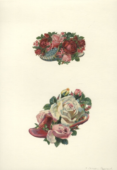 2 wafers back each "Cacao Payrand", shoe decorated with roses and flowers, each approx. 9.5 x 10 cm