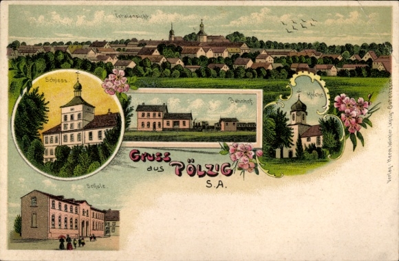 Chromo-Litho Pölzig in Thuringia, general view, castle, school, train station, church