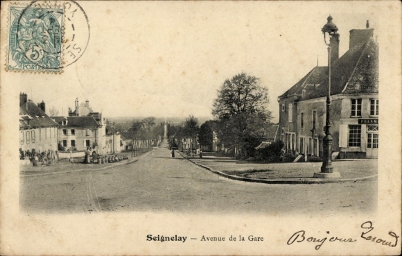 PC Seignelay Yonne, Avenue de la Gare, street view, trees, houses, postmark