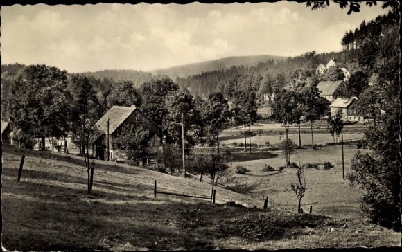 Postcard Dorfchemnitz near Sayda Central Saxony, landscape view, hills, trees, houses in the background