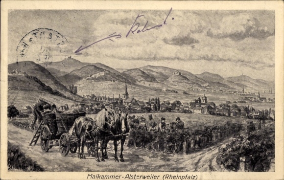 Künstler Ak Maikammer Alsterweiler Rheinpfalz, Panorama, Weinlese, Kutsche