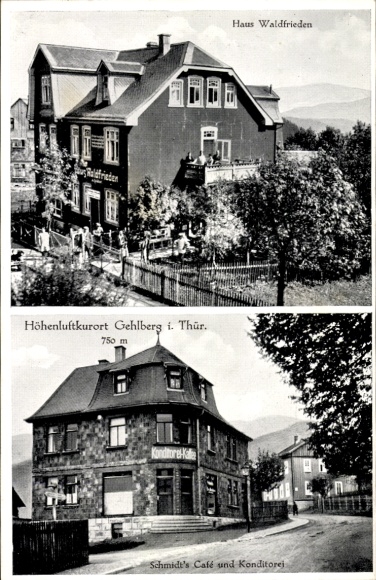 Ak Gehlberg Suhl in Thüringen, Haus Waldfrieden, Konditore Kale, Schmidt's Café, kuuroord in de bergen