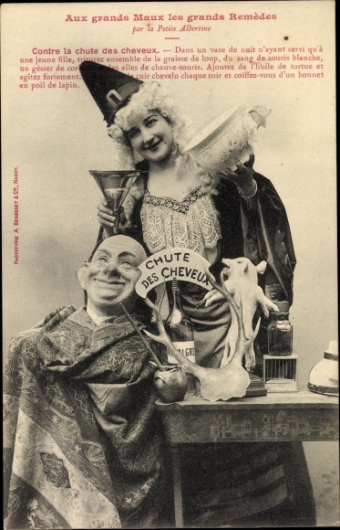 Ak Editions Bergeret, Aux grands Maux les grands Remèdes par la Petite Albertine, Chute des Cheveux