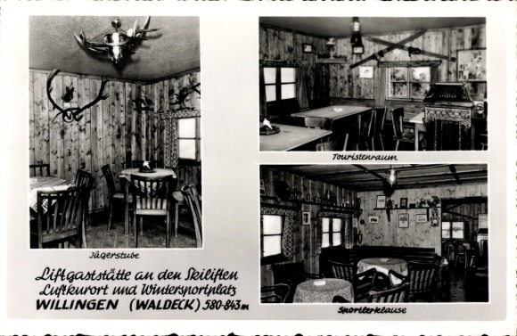 Postcard Willingen in the Upland Hochsauerland Waldeck Hesse, hunter's parlor, lift restaurant, climatic health resort, winter