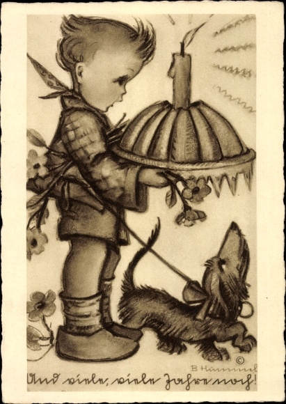 Artist PC Hummel, Berta, And many many years to come, No. 4427, child with birthday cake, dachshund