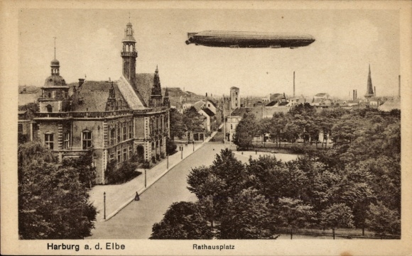 Ak Hamburg Harburg, Stadhuisplein, Zeppelin