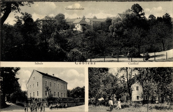 Ak Coblenz Göda in der Oberlausitz, Gesamtansicht, Schule, Gasthof
