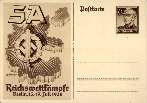 Postal stationery artist Postcard Axster Heudtlaß, SA Reichswettkämpfe Berlin 1938