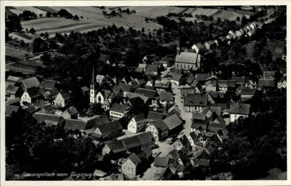 Postcard Gauangelloch Leimen in Baden, aerial view, small houses, church, rural surroundings