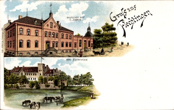 Litho Flechtingen Sachsen Anhalt, Gasthaus Deutscher Hof, Burg