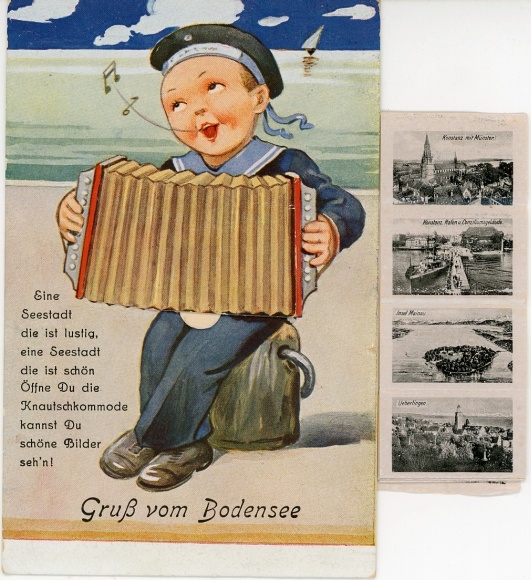 Leporello KP Konstanz na Jeziorze Bodeńskim, Münster, Wyspa, Muzyk Chłopiec, Żeglarz