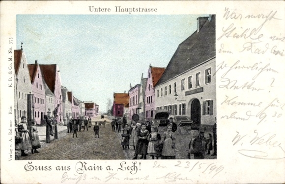 Postcard Rain am Lech Schwaben, Untere Hauptstraße, residents