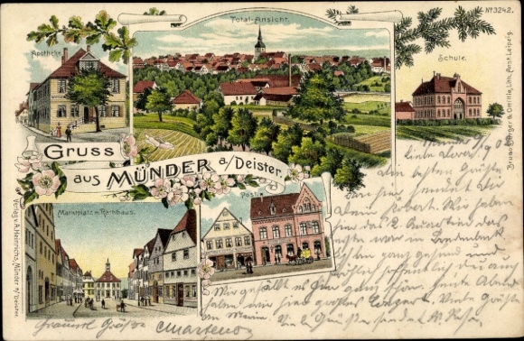Chromo-Litho Bad Münder am Deister, pharmacy, school, market square, town hall, post office