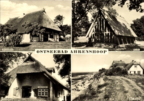 Postcard Ostseebad Ahrenshoop Fischland, thorn house, church, art cottages, beach