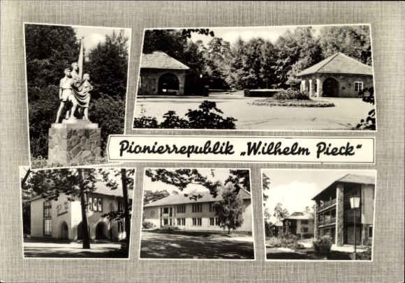 Postcard Altenhof Schorfheide on Lake Werbellin, Pioneer Republic Wilhelm Pieck, statue, building, square