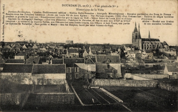Ak Dourdan Essonne, Ansicht von   Stadt, alte Kirchen, Fort und Mauern