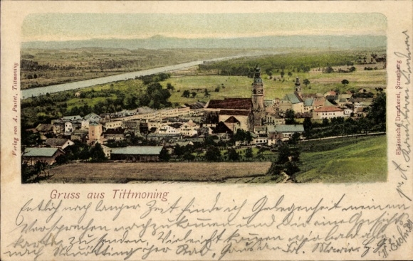 KP Tittmoning w Górnej Bawarii, panoramiczny widok na kościół, domy, widok na rzekę