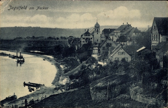 Ak Jagstfeld Bad Friedrichshall in Württemberg,  Flusslandschaft, Häuser am Hang, Boote im Wasser