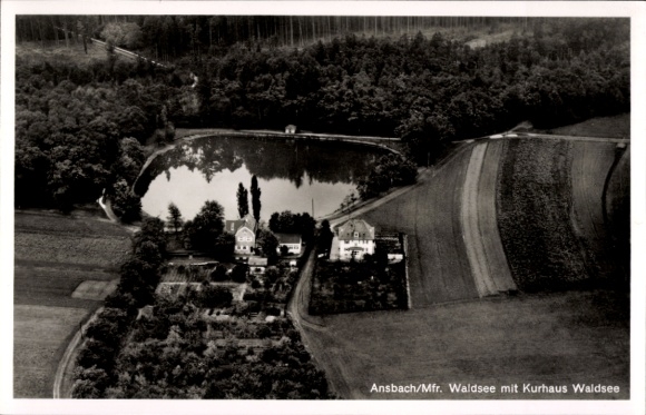 Postcard Ansbach in Middle Franconia Bavaria, aerial photograph Waldsee with Kurhaus Waldsee