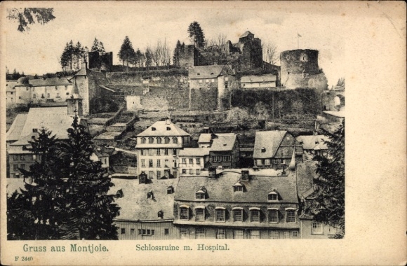 Ak Monschau Montjoie in der Eifel, Schlossruine, Hospital, Häuser, Wald, Montjoie