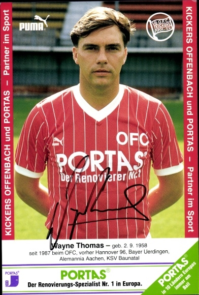 Karta z autografem piłkarza Wayne'a Thomasa, Kickers Offenbach, autograf