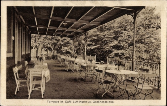 Postcard Großhesselohe Pullach Upper Bavaria, terrace in the Café Luft-Kurhaus, tables and chairs, quiet surroundings