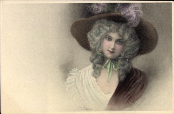 Künstler Litho von Wichera, Raimund, Dame mit Hut, grüne Schleife, Munk Nr. 112