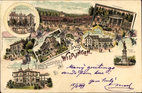 Chromo-Litho Bad Wildungen in Hesse, Hotel Kaiserhof, Georg Viktor Quelle, Helenenquelle, Villa Göcke