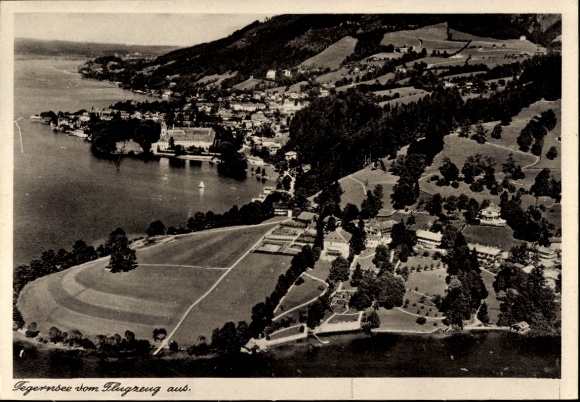 Postcard Tegernsee in Upper Bavaria, aerial view of Lake Tegernsee, idyllic landscape, numerous trees,