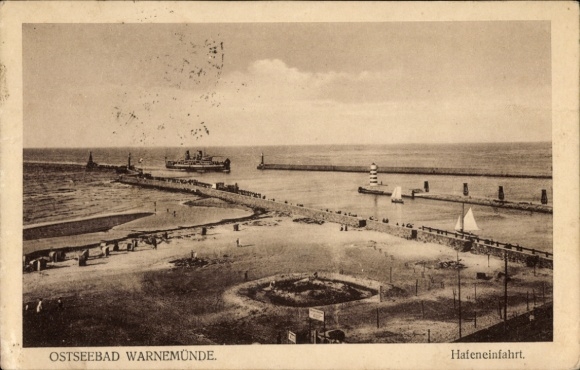 Postcard Ostseebad Warnemünde Rostock, harbor view, beach, ships, lighthouse, people