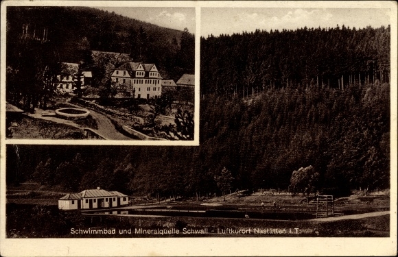 Postcard Nastätten in the Rhein Lahn district, swimming pool and mineral spring Schwall