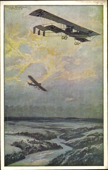 Artist Postcard Schulze, Hans Rudolf, Military biplane on reconnaissance mission over the Argonne Forest