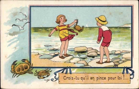 Artist PC Pres des Grands Flots Bleus, crabs, children at the sea