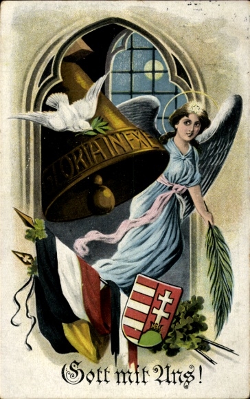 Ak Gefeliciteerd Kerstmis, God met ons, engelen, klokken, eikenbladeren, duif