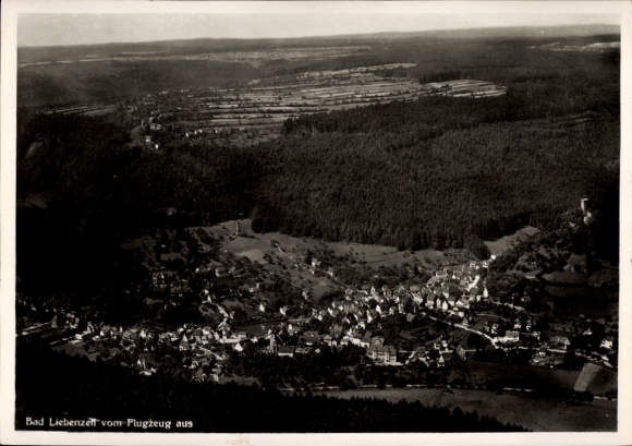 Postcard Bad Liebenzell in the Black Forest, aerial photograph of black and white photography, forest landscape