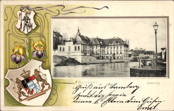 PC Bamberg in Upper Franconia, city view, river, buildings, coat of arms, floral motifs