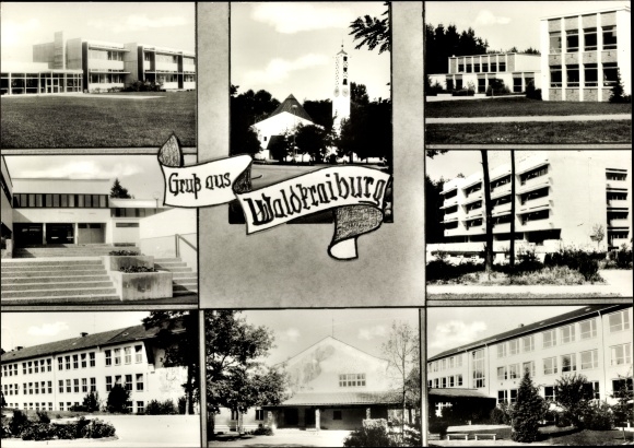 Postcard Waldkraiburg in the Bavarian foothills of the Alps, prefabricated buildings, church, school