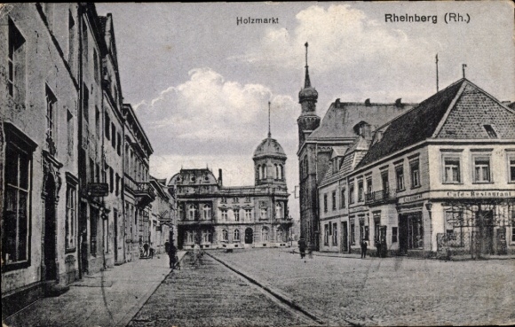 Ak Rheinberg NRW, Holzmarkt, Cafe Restaurant, Passanten, Rathaus